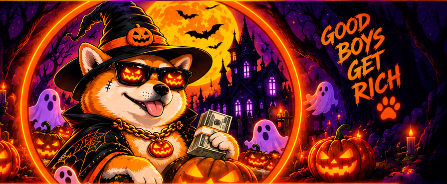 Spooky Inu wearing a witch hat in a glowing Halloween scene